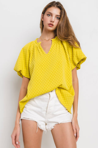 Textured Bubble Sleeve Top Yellow