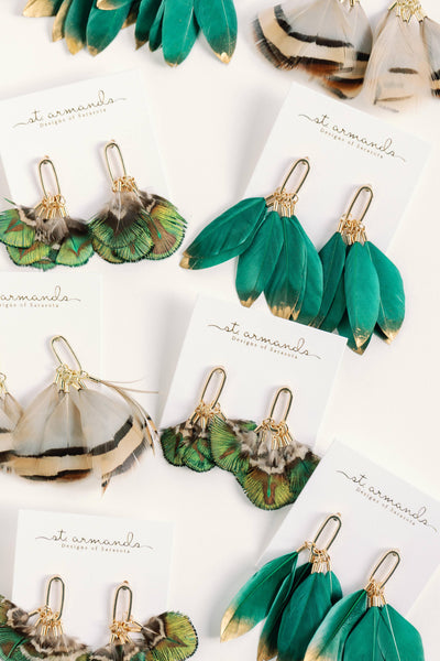 Emerald Gold Dipped Feather Tassel Earrings