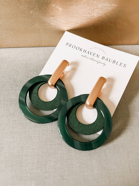 Emerald Green Wood/Acrylic Circle Earrings