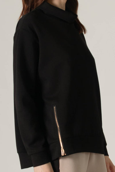 Butter Modal Mock Neck Top w/ Side Zipper: Black