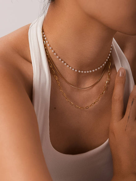 Cadeaux Non-Tarnish Stacked Pearl Chain Necklace
