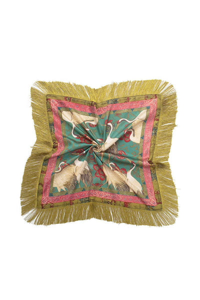 Fringed Crane Print Square Scarf Arriving Thursday
