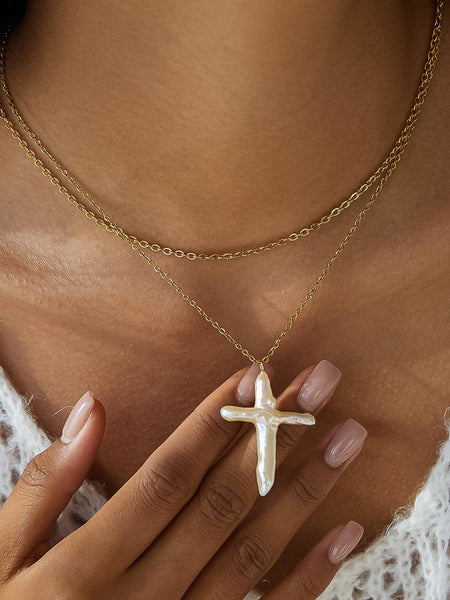 Aurise 18K Gold Non-Tarnish Freshwater Pearl Cross Necklace