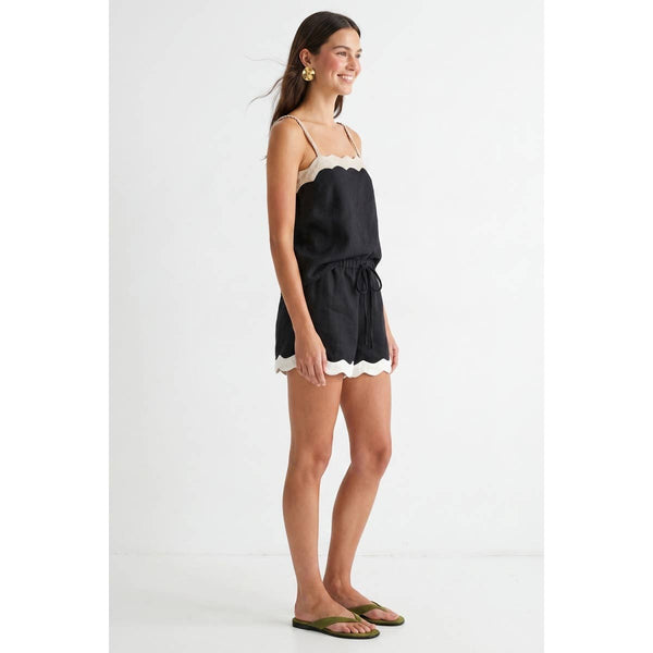 Scallop Trim Black Linen Tank Top Arriving Friday