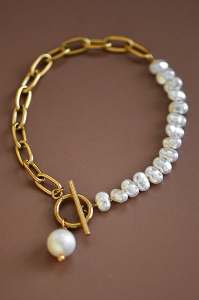 18k Non-tarnish Link + Pearl Bracelet