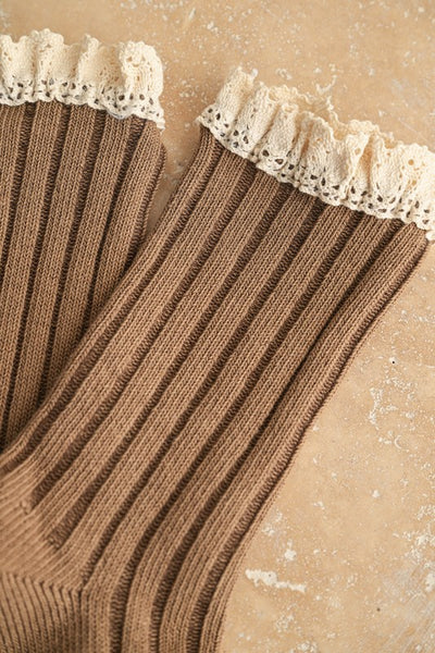 Mocha Crochet Trimmed Socks
