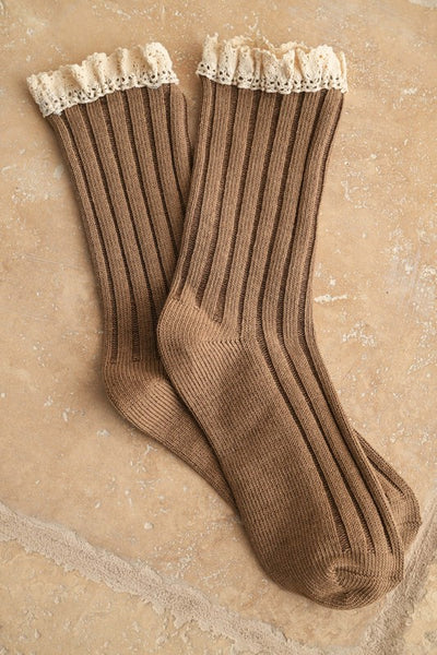 Mocha Crochet Trimmed Socks