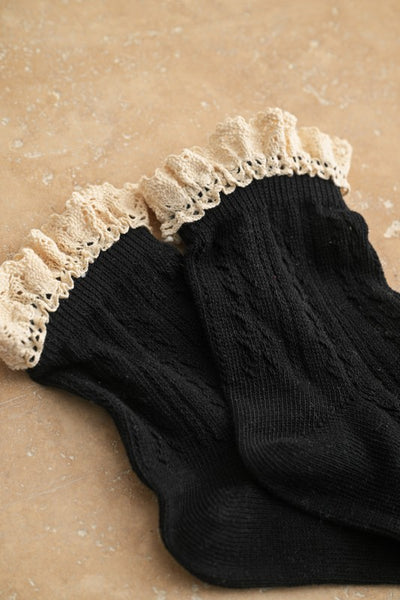 Black Pointelle Crochet Trimmed Socks