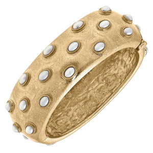 Willow Pearl Studded Statement Hinge Bangle in Worn Gold