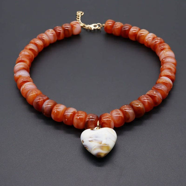 Heart Pendant Brown Resin Beaded Necklace