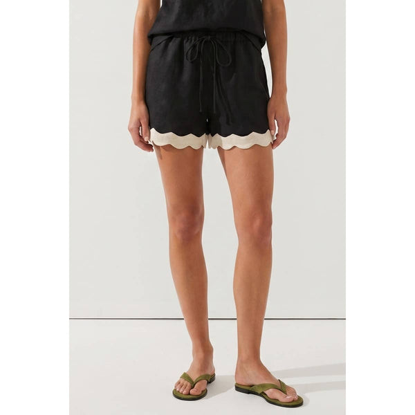 Scallop Trim Black Linen Shorts Arriving Friday