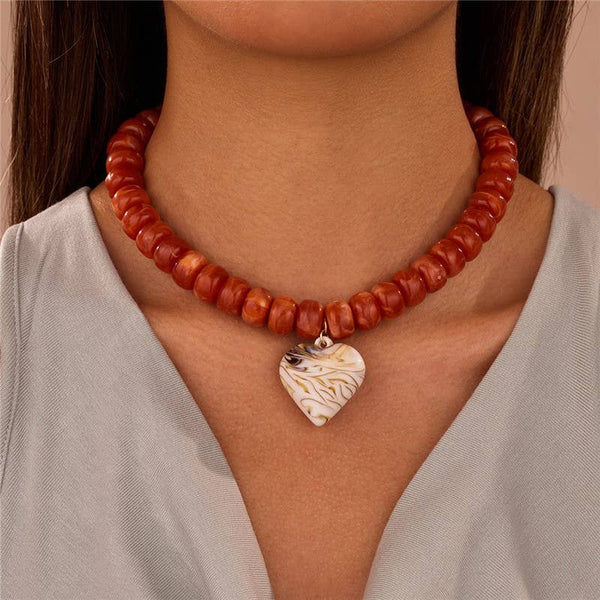 Heart Pendant Brown Resin Beaded Necklace