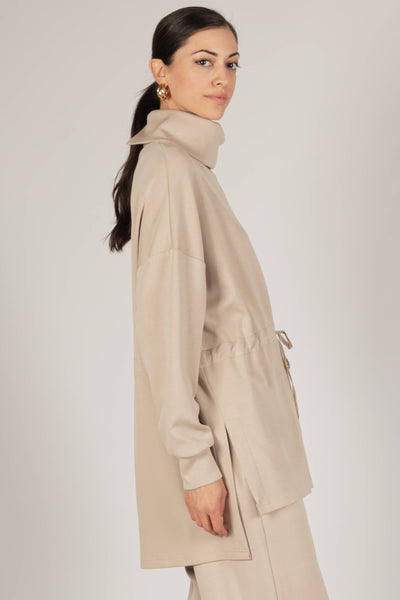 Butter Modal Mock Neck/Waist Tie Top in Taupe