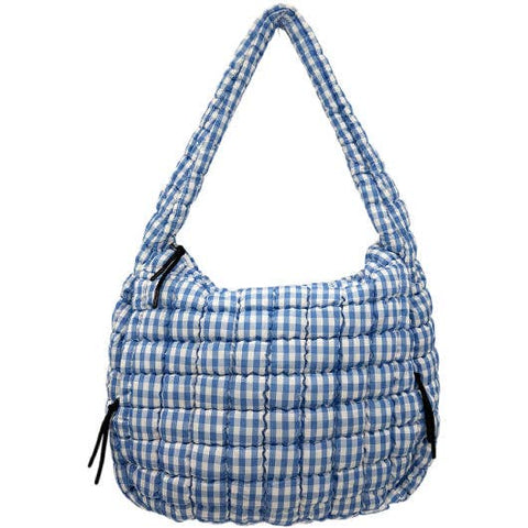 Lulu Mac Gingham Puffer Quilted Handbag Light Blue/White
