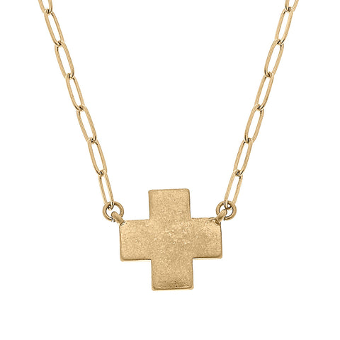 Edith Square Cross Delicate Necklace in Worn Gold