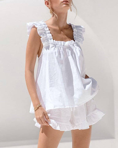 White Ruffle Trim Pajama Set