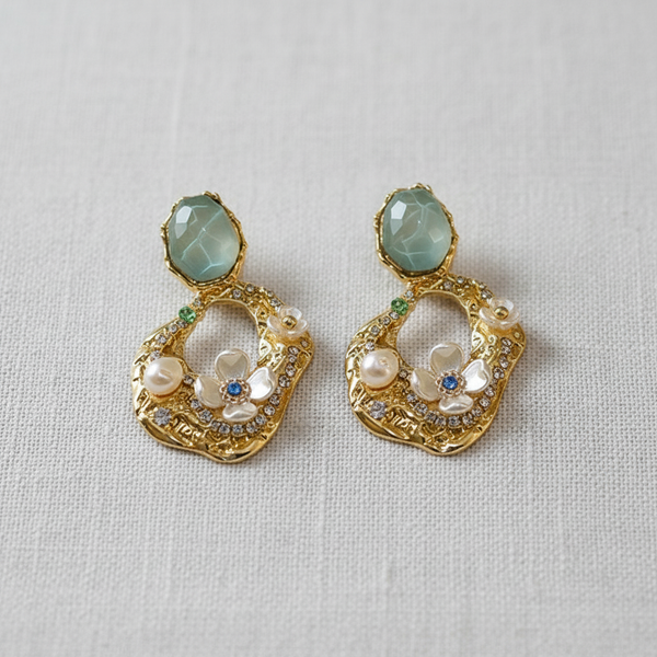 Vintage Pearl Rhinestone Flower Earrings