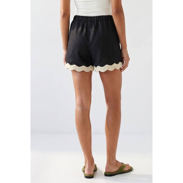 Scallop Trim Black Linen Shorts Arriving Friday