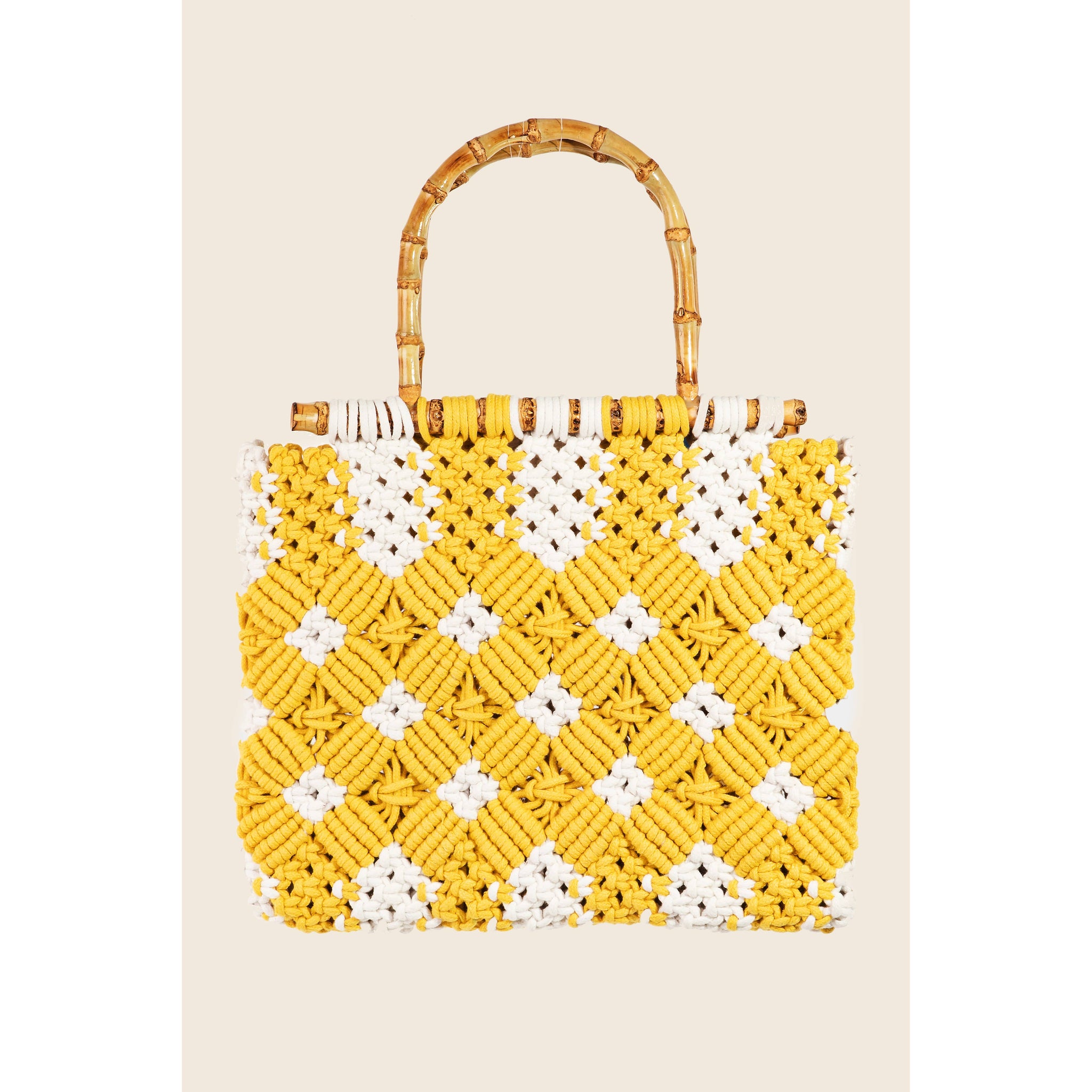 Braided Wooden Top Handle Bag: YELLOW
