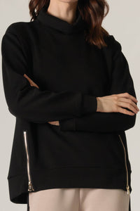 Butter Modal Mock Neck Top w/ Side Zipper: Black