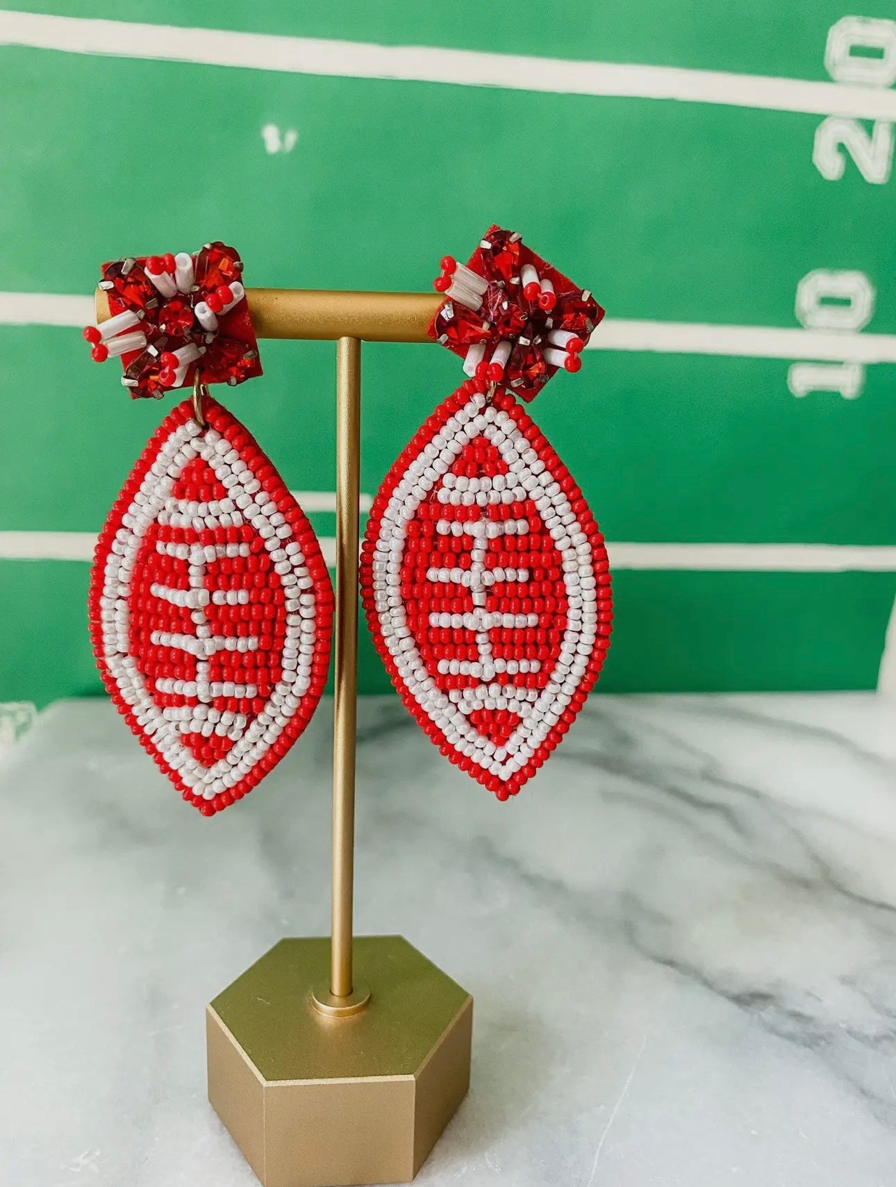 Crimson + White Beaded Football Earrings