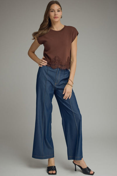 Brown Lace Hem Top