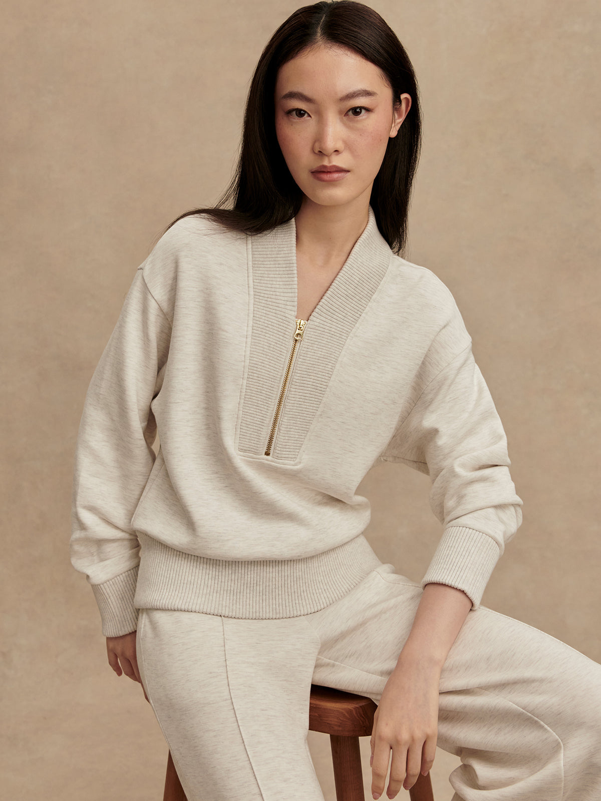 Varley Sally Half Zip Sweat in Ivory Marl