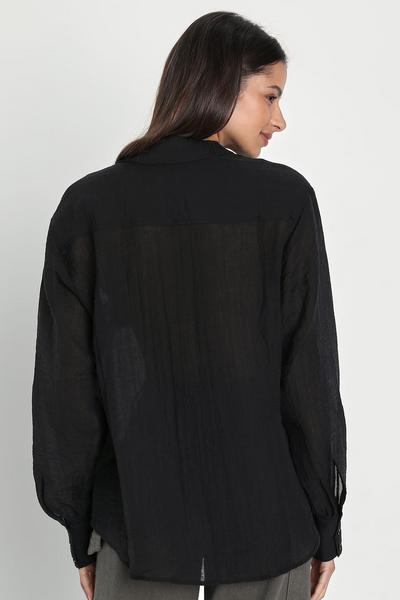 Chic Spirit Black Crinkled Long Sleeve Button-Up Top