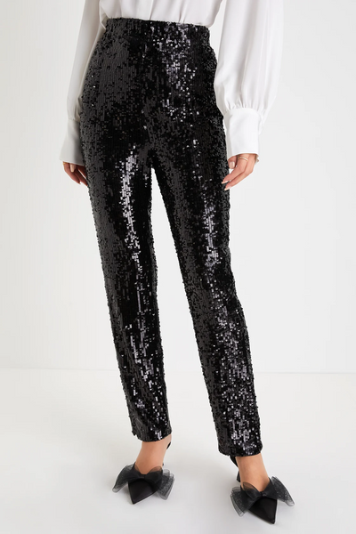 Remarkable Shine Black Sequin Notched High-Rise Pants