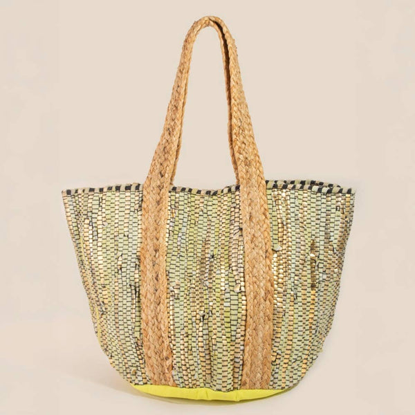 Lime Stripe Woven Tote Bag