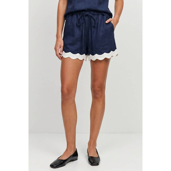 Scallop Trim Navy Linen Shorts Arriving Friday