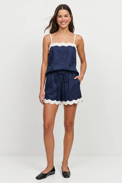 Scallop Trim Navy Linen Shorts Arriving Friday