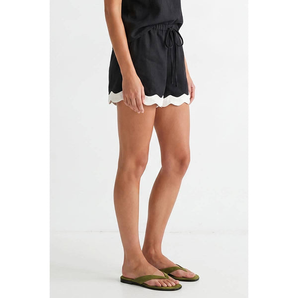 Scallop Trim Black Linen Shorts Arriving Friday