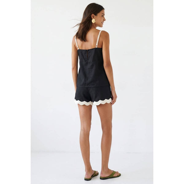 Scallop Trim Black Linen Tank Top Arriving Friday