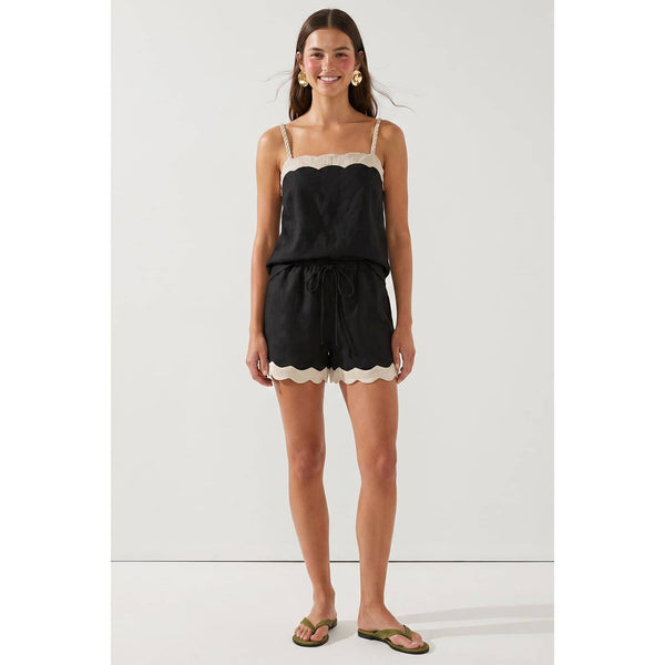 Scallop Trim Black Linen Shorts Arriving Friday