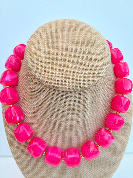 Hot Pink Cube Bead Necklace 
