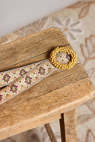 Geometric Cream Floral Wooden  Belt