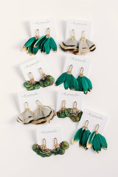 Emerald Gold Dipped Feather Tassel Earrings