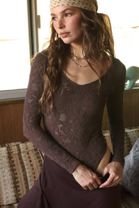 Lace Textured Bodysuit in French Roast