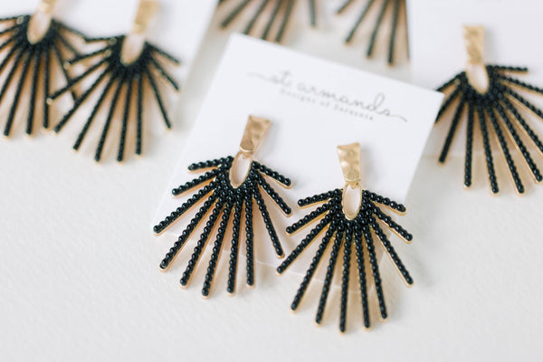 Black Sunburst Statement Drop Earrings