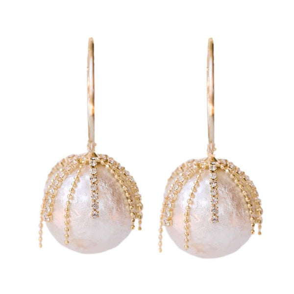 Diamond Fringe Holiday Pearl Hoop Earrings