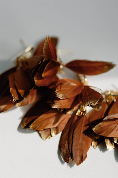 Caramel Gold Dipped Feathers Statement Earrings