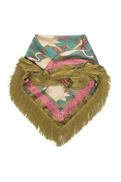 Fringed Crane Print Square Scarf Arriving Thursday