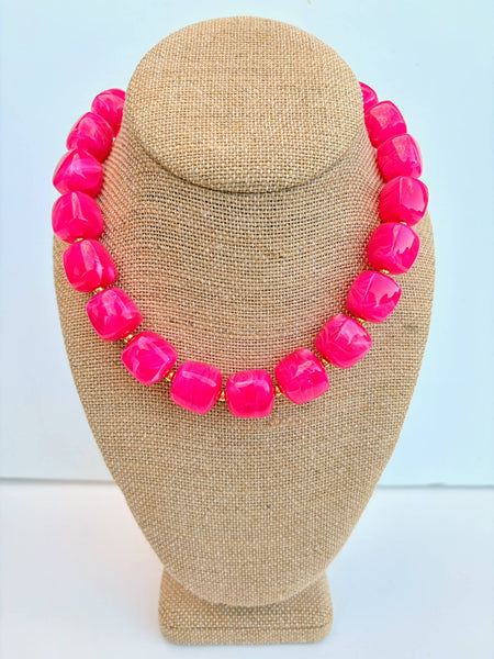 Hot Pink Cube Bead Necklace 