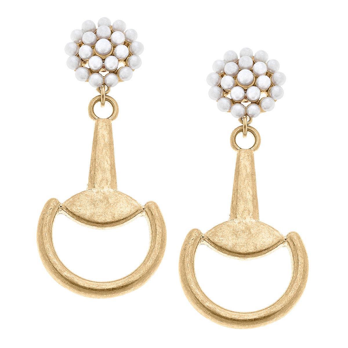 Spencer Horsebit Pearl Cluster Drop Earrings in Worn Gold